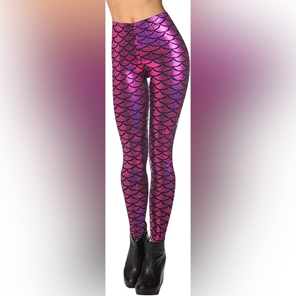 High Waist Fish Scale Printed Tummy Control  Pants Workout Leggings Pink Mediun - Picture 1 of 13